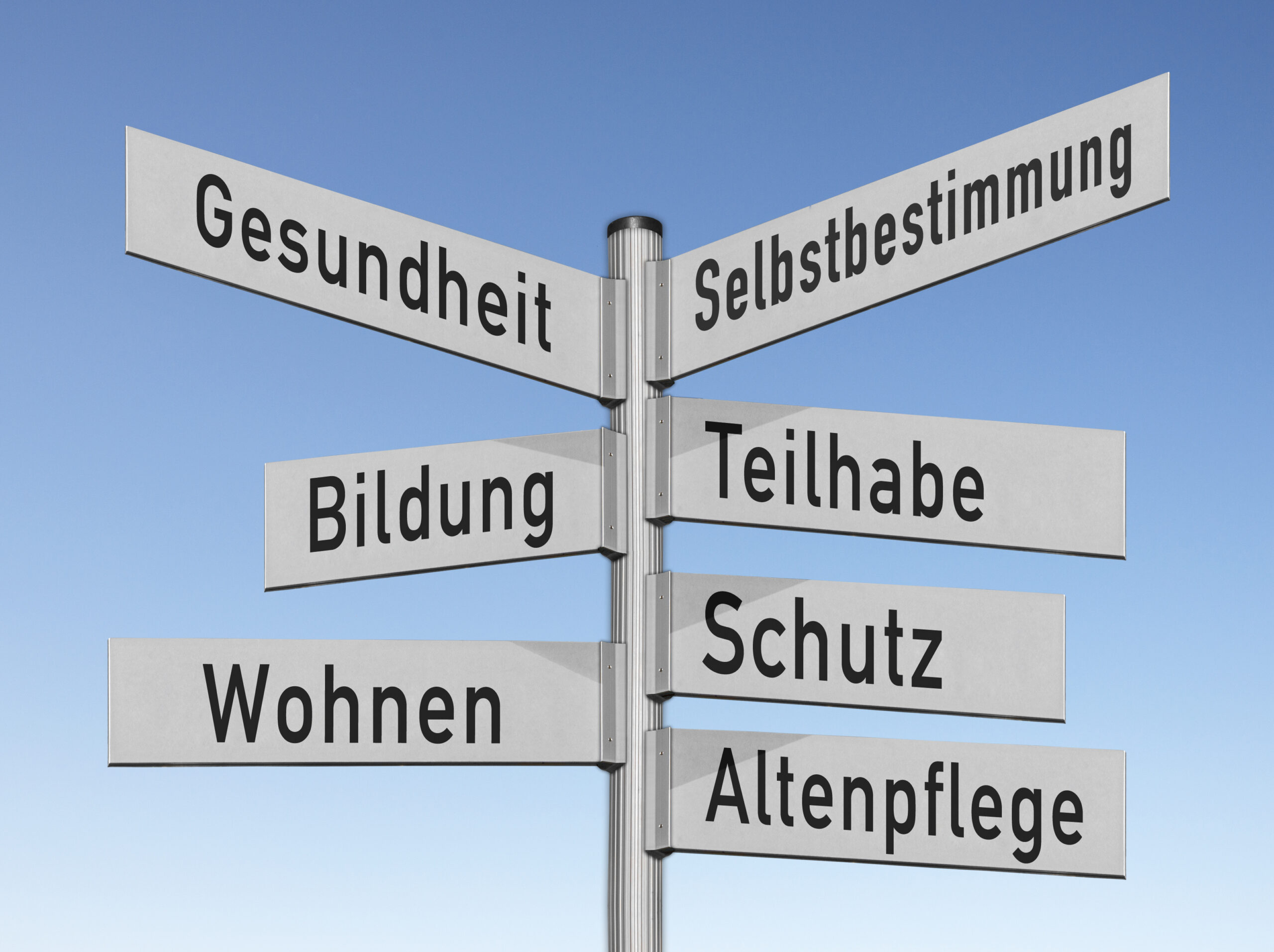 Tafel mit den zentralen Themen wie Wohnen, Gesundheit, Bildung, Selbstbestimmung, Altenpflege, Teilhabe und Schutz.